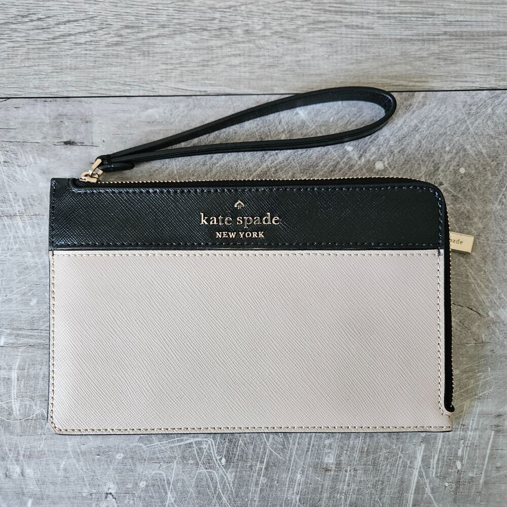 Kate Spade New York Staci Beige Black Leather L Zip Wristlet w Strap Size M EUC